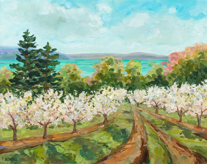 Featured listing image: Sutton's Bay View, Limited Edition Print, Leelanau, Leland, Old Mission, Cherry Trees, Orchard, Cherry blossom, Michigan art, Betsy ONeill,