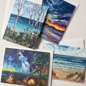 Cartões de felicitações inspirados em acampamento, pacote com 4 cartões em branco, envelopes, Michigan, fogueira, pôr do sol