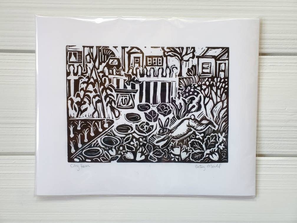 City Farm, Print, Linocut, Giclee Fine Print, Black and White, ONeill