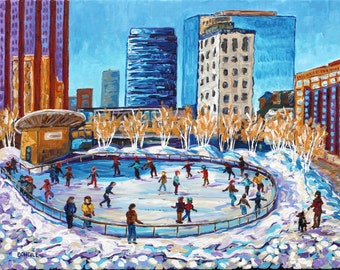 Ice Skating At Rosa Park's Circle, Grand Rapids MI, Downtown Skating, Monroe Center, Betsy ONeill, Michigan Art, Michigan Artist