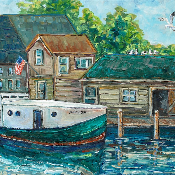 Janice Sue, Historic Fishtown, Leland, Boat Painting, M119, Fishing Boat, Summer Vacation, Lake Leelanau, Betsy ONeill, Michigan Art