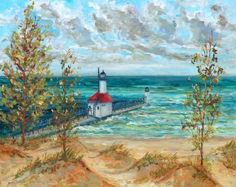 Saint Joseph Overview, Lake Michigan, Lighthouse, Sand, Dunes, Fine Art Print, Giclee, Canvas Print, Michigan art, Betsy ONeill,