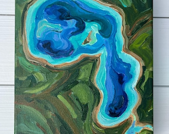 Original Painting: "Aerial Higgins Lake" (8x10 canvas) Michigan Map, Topography, Michigan Lakes, Betsy ONeill