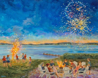 Fireworks! Fourth of July, Campfire, Stars, Sparklers, Michigan, Lake, Family Time, Holiday, Camping Art, Betsy ONeill