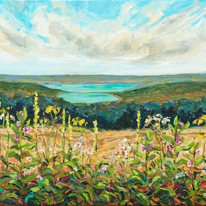 Pode incluir: Uma pintura de uma paisagem com um lago à distância. O primeiro plano está cheio de flores silvestres em tons de amarelo, rosa e branco. O céu é azul com nuvens brancas.