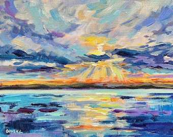 Original Painting, Sunrise Over The Bay, Lake Michigan, Michigan Art, Betsy ONeill, Sunset painting, Lake Michigan