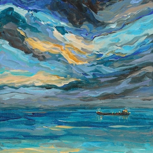 Night Freighter, Lake Superior, U.P. Michigan, Michigan Boats, Sunset Painting, Boats at Night, Betsy ONeill, Michigan Art