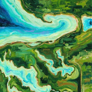 Peinture originale : « aérienne Petoskey », topographique, lac Michigan, Harbor Springs, vue sur la baie, Charlevoix, wallon, Betsy ONeill, art