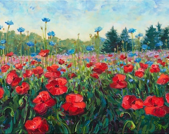 Poppy Dance, Limited Edition Print, Fennville, landscape, Poppy Field, poppy painting, cottage decor, Michigan art, Betsy ONeill