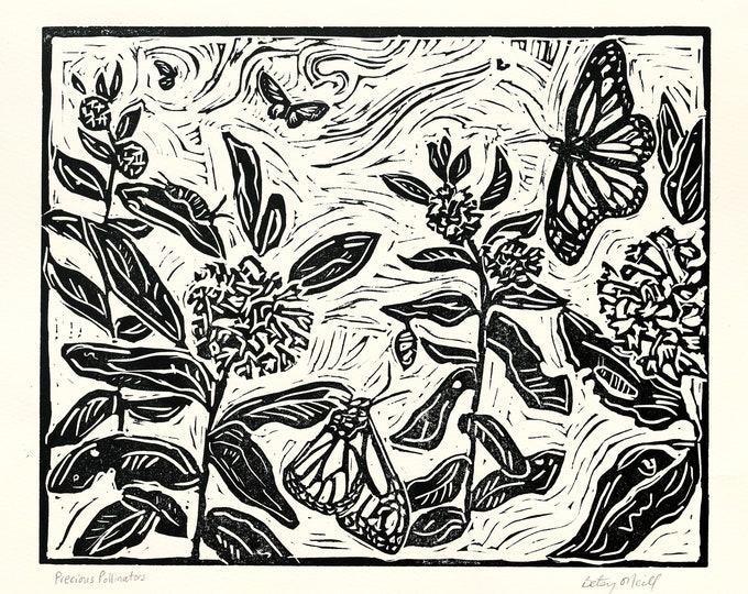 Monarchs & Milkweed Original Linocut Fine Art Mini-print 4 X 4 - Etsy