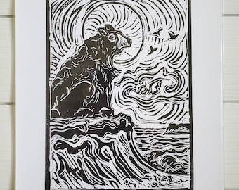 Mother Bear, Sleeping Bear Inspired Linocut, Giclee Fine Art Print, Betsy ONeill, Michigan Art