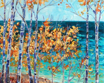 Original painting, Blue and Gold, Birch Trees, Michigan Art, Michigan Shoreline, Lake Superior, Betsy ONeill, Michigan Artist