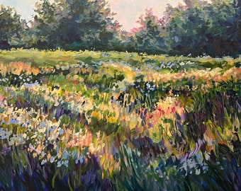 Original Painting, After Glow, meadow, nature art, sunset, summer flowers, Betsy ONeill, Fine Art,