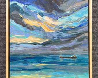 Original Painting, Night Freighter, Michigan Landscape, Betsy ONeill