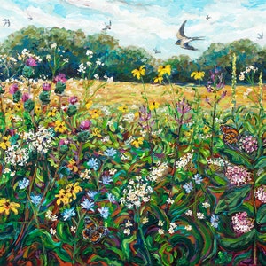 Laughing Meadow, Summer Field, Prairie, Swallows, Native Wildflowers, Flora and Fauna Painting, Betsy ONeill, Michigan artist, Michigan art