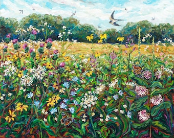 Laughing Meadow, Summer Field, Prairie, Swallows, Native Wildflowers, Flora and Fauna Painting, Betsy ONeill, Michigan artist, Michigan art