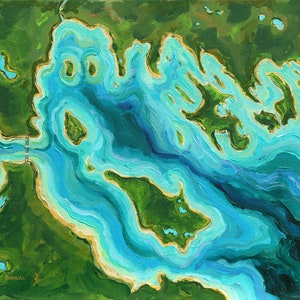 Aerial: Straits of Mackinac with Les Cheneaux, Mighty Mac, Mackinac Island, Aerial Map Michigan, Aerial Art, Betsy ONeill