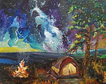 Camping Under the Stars, Milky Way, Campfire, Stars, Tent Camping, Michigan, Adventure, Solitude, FCamping Art, Betsy ONeill,