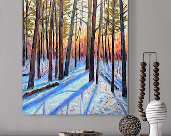 SALE! Original Painting: "Renewal" , Michigan Art, Winter Woods, Betsy ONeill, snow painting, golden hour