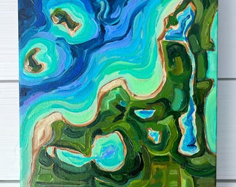 Original Acrylic Painting: Aerial Lake Leelanau Michigan Map (8x10 Canvas)