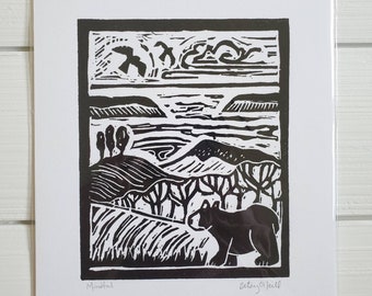 Mindful, Sleeping Bear Inspired Linocut, Giclee Fine Art Print