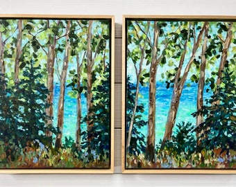 Original Painting, Peek-a-Boo Lake, Diptych, Painting Set, Lake Michigan, Michigan Art, Betsy ONeill, Tunnel of Trees, Petoskey
