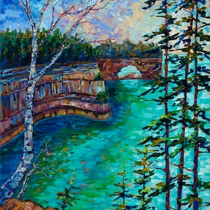 May include: An impressionistic painting of a scenic landscape featuring a turquoise lake and rocky cliffs. A birch tree stands on the left, while tall green trees frame the right. The sky is a mix of blues and yellows.