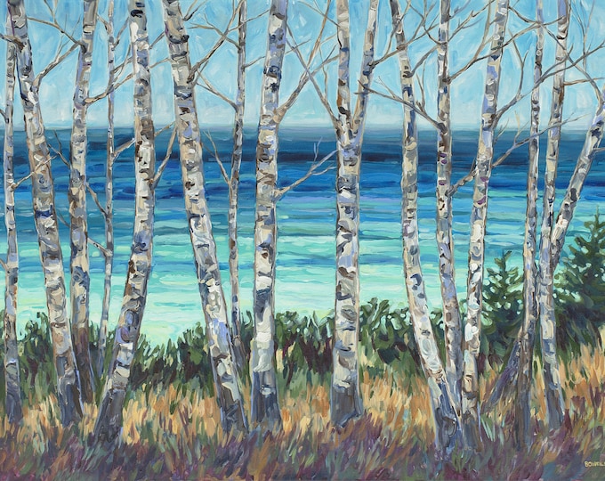 Featured listing image: Birch Line, Limited Edition, Reproduction Print, Birch Painting, Michigan artist, Tunnel of Trees, Woods, Lake Painting, Betsy ONeill