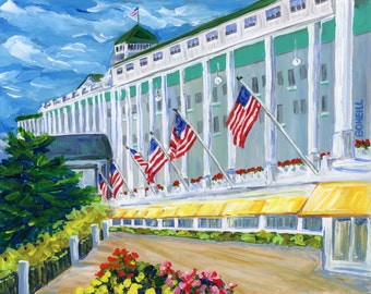 Grand Hotel, Mackinac Island, Victorian, Summer Vacation, American Flags, Michigan Artist, Betsy ONeill, Michigan Art