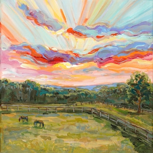 Happy Sunrise, Michigan Farm, Caballo, Campo, Michigan, bosques, Betsy ONeill, Highpointe