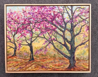 Original Painting, Spring Red Buds, Michigan Landscape, Betsy ONeill