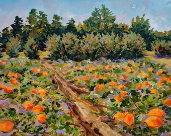 Original Painting, "U-Pick" September, Field Painting, Pumpkin Patch, Fall, Autumn, Fall Field, Plein air painting, trail, Betsy Oneill