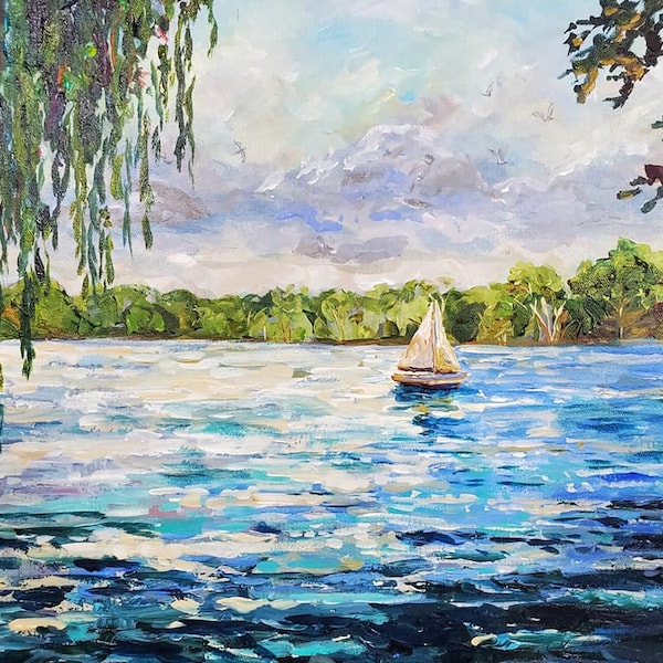 Willow and Lake, Reeds Lake, East Grand Rapids, Michigan, lake painting, sailboat, Willow, cottage decor, Betsy ONeill, Michigan art,