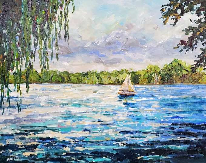 Featured listing image: Willow and Lake, Reeds Lake, East Grand Rapids, Michigan, lake painting, sailboat, Willow, cottage decor, Betsy ONeill, Michigan art,