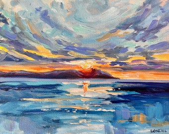 Original Painting, Sunset Over Good Harbor, Sleeping Bear, Michigan Art, Betsy ONeill, Sunset, Lake Michigan