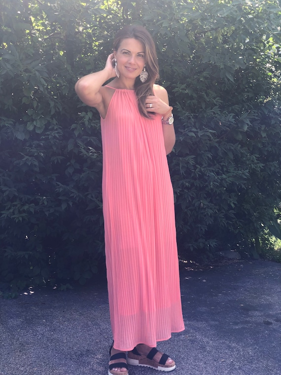 Pleated Maxi Dress, One Size, Summer Beach Vacation Dress Pleated Maxi Dress, One Size, Summer Beach Vacation Dress
