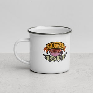 May include: White enamel mug with a silver rim featuring a cartoon illustration of a coffee cup with the text "Central Jolt Java" in orange and yellow.