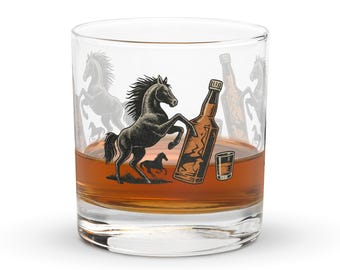 Horse & Whiskey Rocks Glass: Western Barware Tumbler - 10.5oz