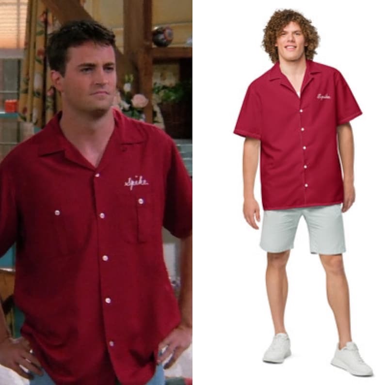 May include: A red short-sleeved button-down shirt with a white embroidered logo that says "Spike".