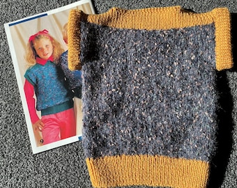 2 Year Old Knitted Vest: Speckled Blue,cream,brown Mustard Trim, Toddler Clothing