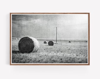 Hay Field Landscape Black and White Photography - Landscape Print - Instant Download - Printable Wall Art - Farmhouse Decor - Western Decor