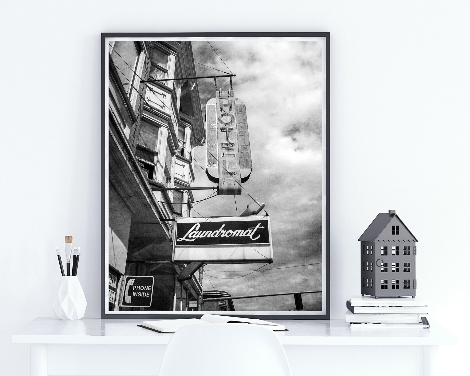 Printable Black And White Photography Laundromat Vintage Sign Rustic Wall Art Instant