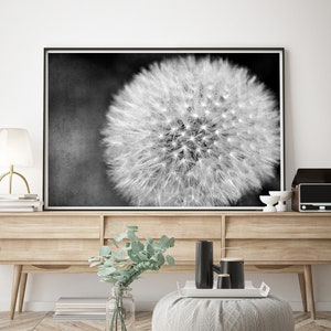 Printable Dandelion Photography Print | botanical wall art | instant download print | printable wall art | gray wall art | large wall art