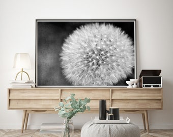 Printable Dandelion Photography Print | botanical wall art | instant download print | printable wall art | gray wall art | large wall art