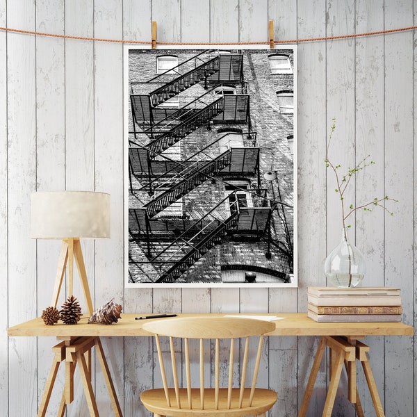 Printable Fire Escape Wall Art | Rustic Wall Art | Black and White Wall Art | Instant Download Print | Industrial | Urban Photography