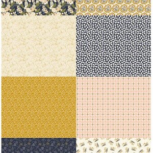 May include: A collection of eight fabric swatches with various patterns. The patterns include floral, geometric, and nature-inspired designs in colors like navy, gold, cream, and pink. The fabrics appear to be cotton or a similar material, suitable for quilting or crafting.