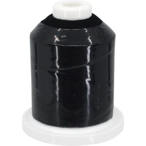 May include: A spool of black thread with a white base and top. The thread is tightly wound around a cylindrical core. The spool is designed for sewing, embroidery, or other crafting projects.