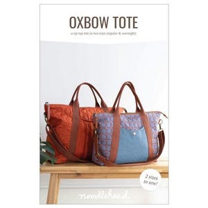 May include: Two tote bags with the text "OXBOW TOTE" and "a zip top tote in two sizes (regular & overnight)". One is orange with brown straps, the other is blue with brown straps. The text "2 sizes to sew!" is also visible.