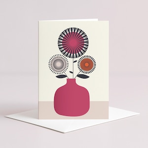 Cerise Vase Blank Greeting Card - Floral - Mid Century - A6 - #017