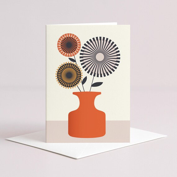 Orange Vase Blank Greeting Card - Floral - Mid Century - A6 - #044